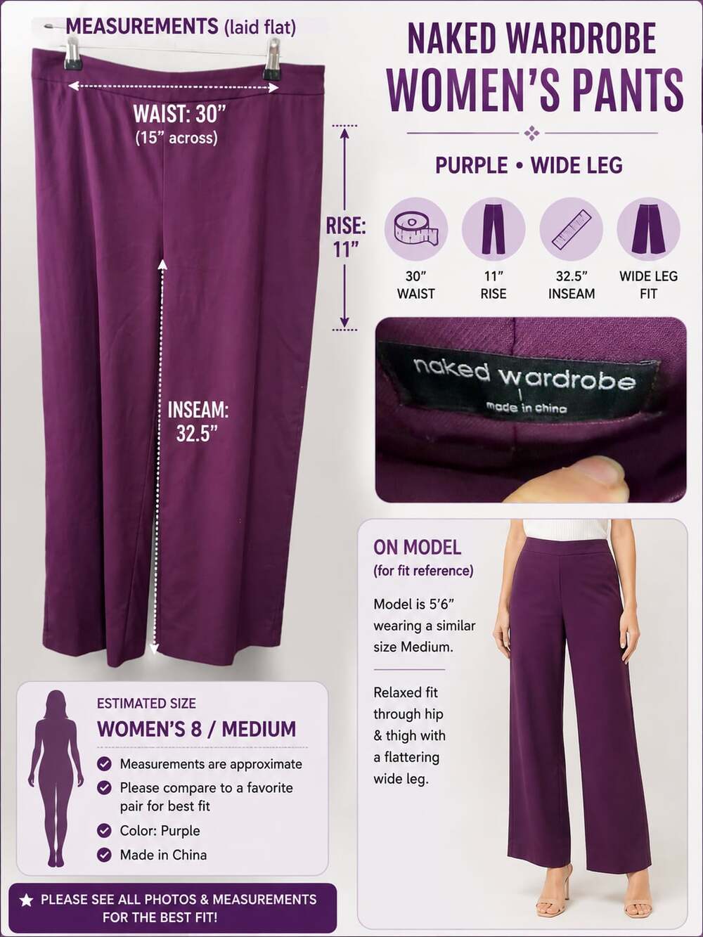 Naked Wardrobe Women’s Purple Wide Leg High Rise Pants Trousers 30in Waist
